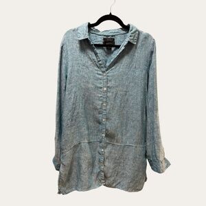 Blue 100% Linen Tahari Long Button Up Shirt